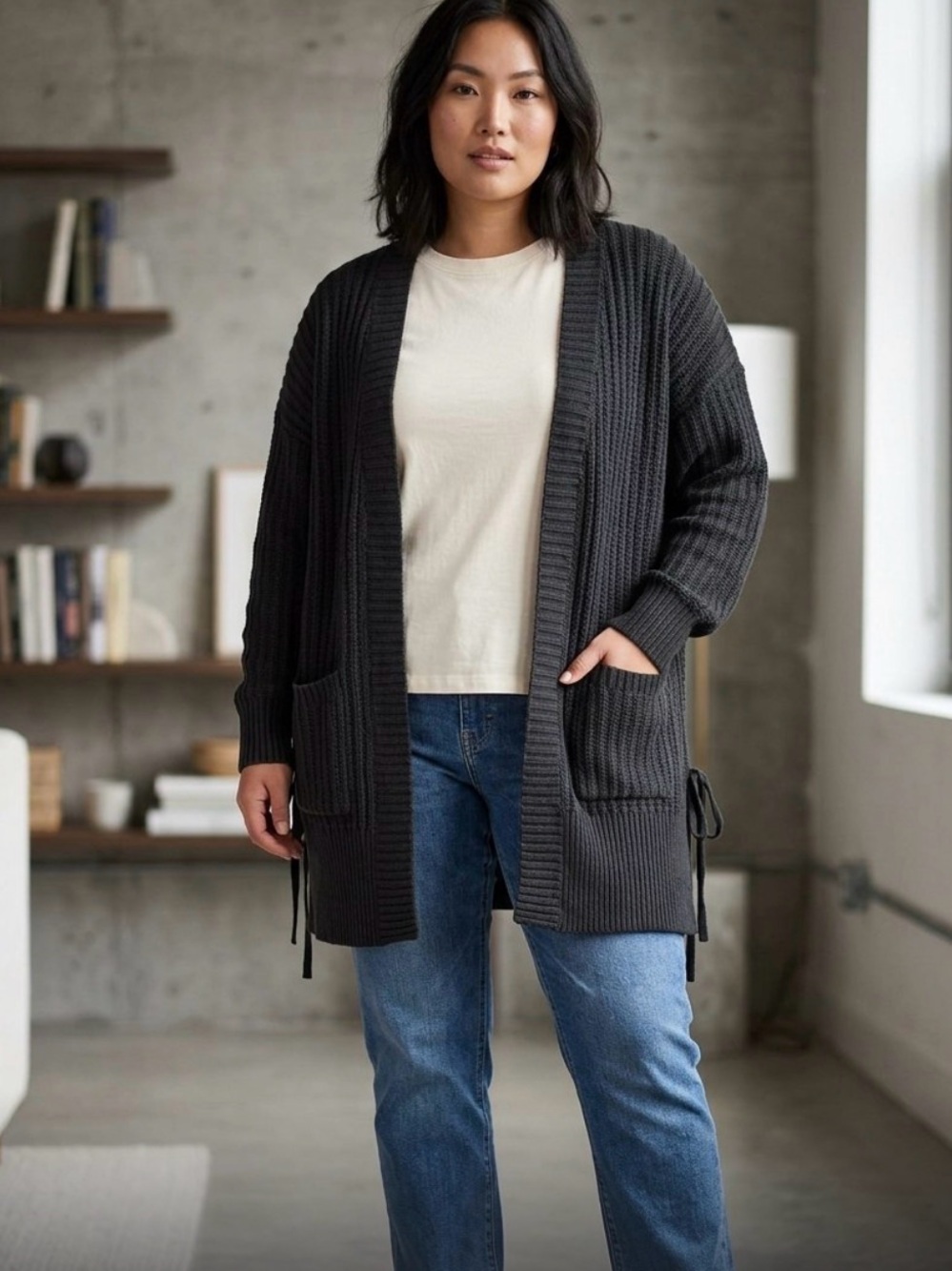 Hummingbird dark Gray Open-Front Knit Cardigan with Pockets